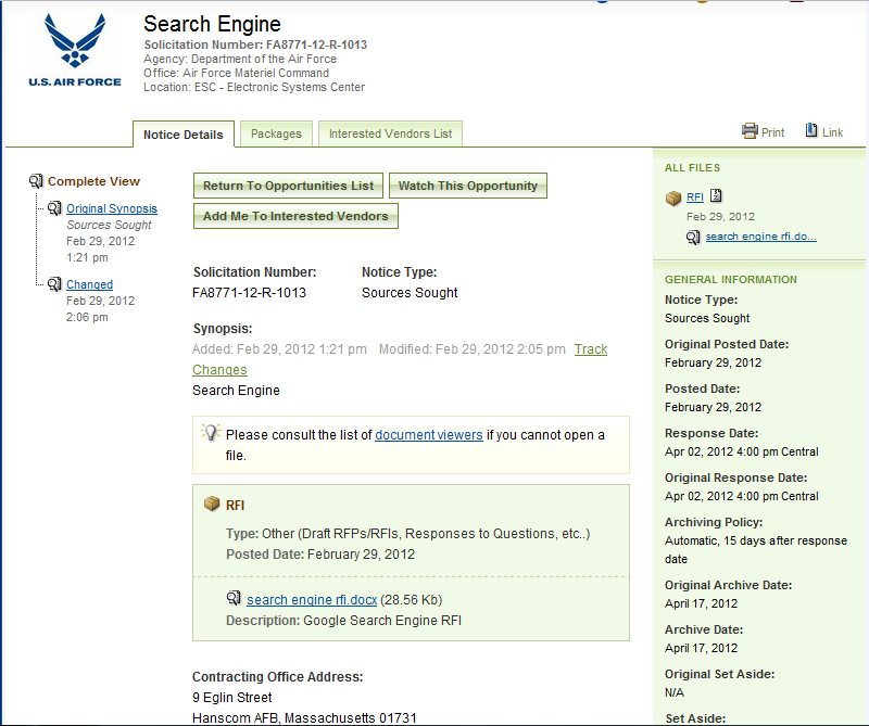 Air Force Search Engine RFI